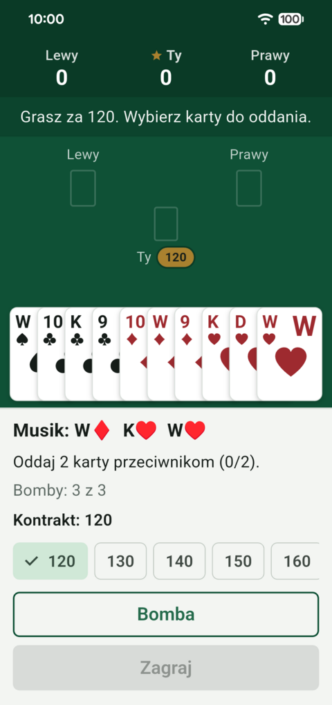 Ekran musika we troje: odkryte trzy karty z musika, dziesięć kart w ręce, licznik kart do oddania, wybór kontraktu i przycisk Bomba