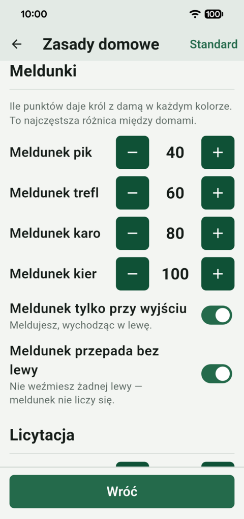 Ekran zasad domowych: punktacja meldunku w każdym kolorze z pokrętłami i przełączniki reguł meldowania